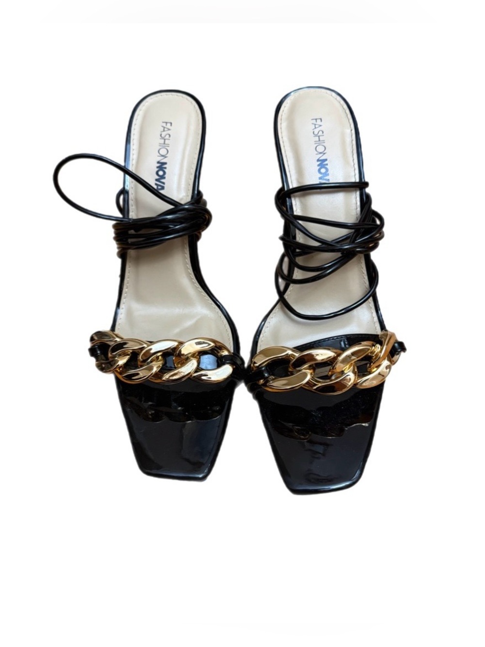 Fashion Nova Black Patent Chain-Detail Strappy Mules